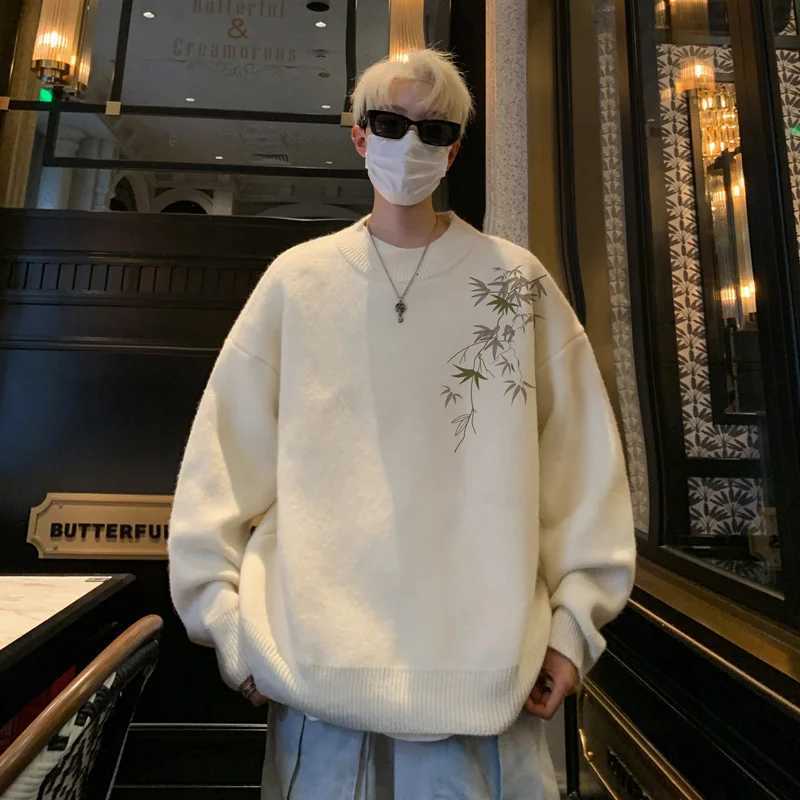 Mens Oversized Sweaters Autumn White Knitted Sweater 5XL Fahion Bamboo Print Casual Wear for Man Knit Pulloves Men ClothesZ250918