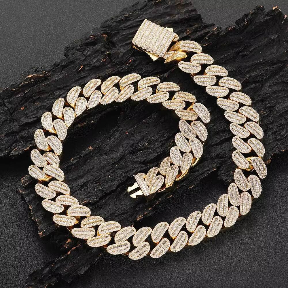 20mm Baguette Two Rows T Shape Bling Moissanite Gold Plated Cuban Necklace 925Silver Curb Link Chain for Wedding Gift Hip