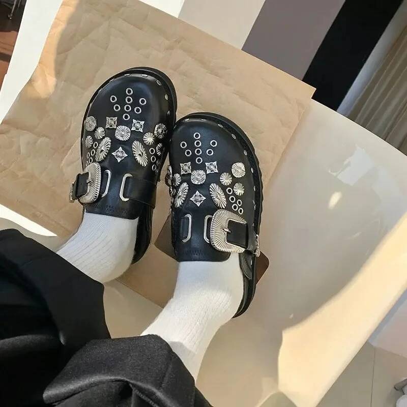 Summer Women Slippers Platform Rivets Punk Rock Leather Mules Creative Metal Fittings Casual Party Shoes Female Outdoor Slides ddmypanda