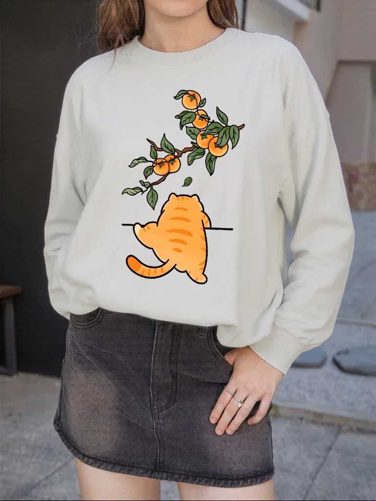 Persimmon Cartoon Orange Cat Print Sweatshirt Women Autumn Casual Sportswear Hipster Soft Pullover AllMatch Hip Hop ClothesZ250918