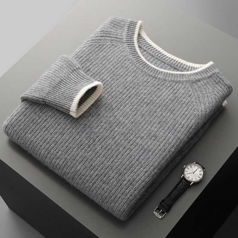 100Merino Wool Knitted Sweater Mens ONeck Loose Ingot Needle Pullovers Fashion Color Matching LongSleeved Tops Thicken ShirtZ250918