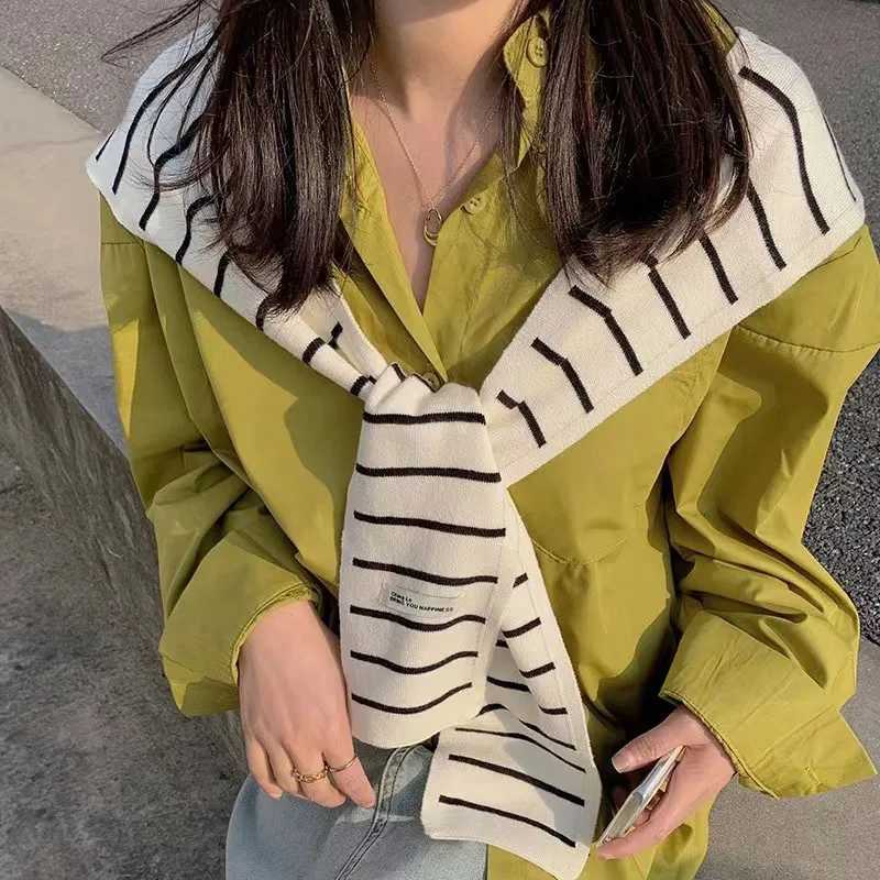 New striped knitted wen shl cardigan versatile thin spring summer Korean version airconditio ro Tie Woolen scarf Y250918