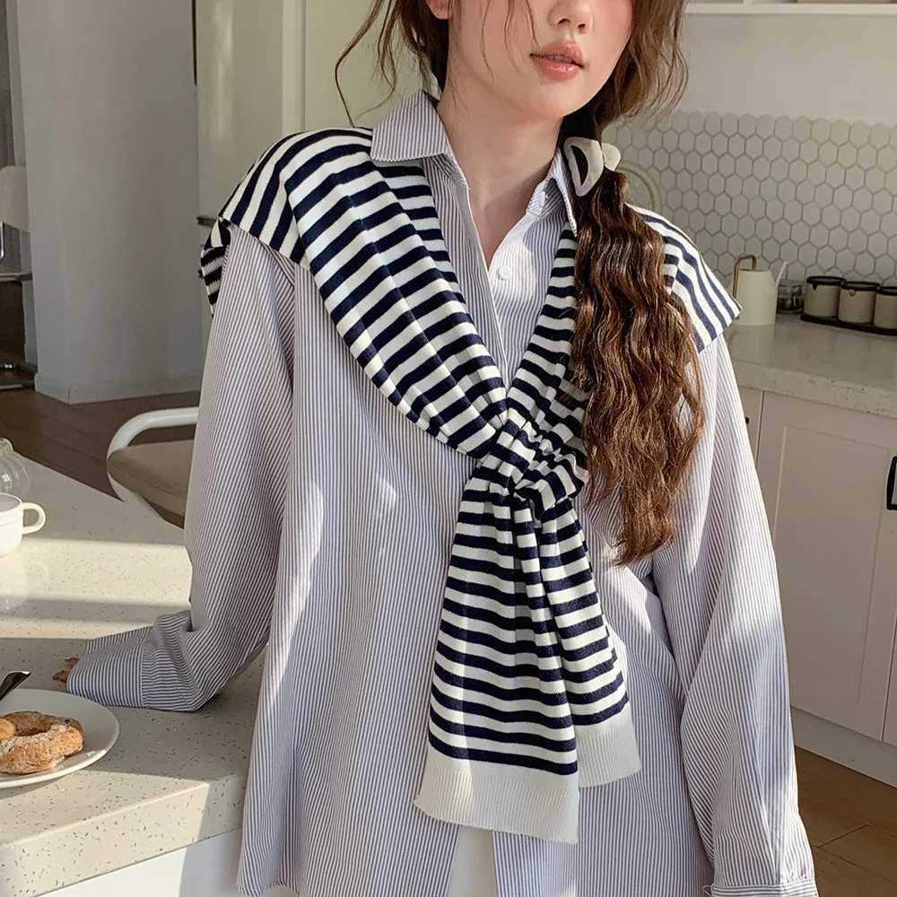 2025 Korean Striped Knitted Warm Shl Winter Fem Blouse Shoders Fake Collar Ce Knotted Scarf Stripe Outerwear New Y250918