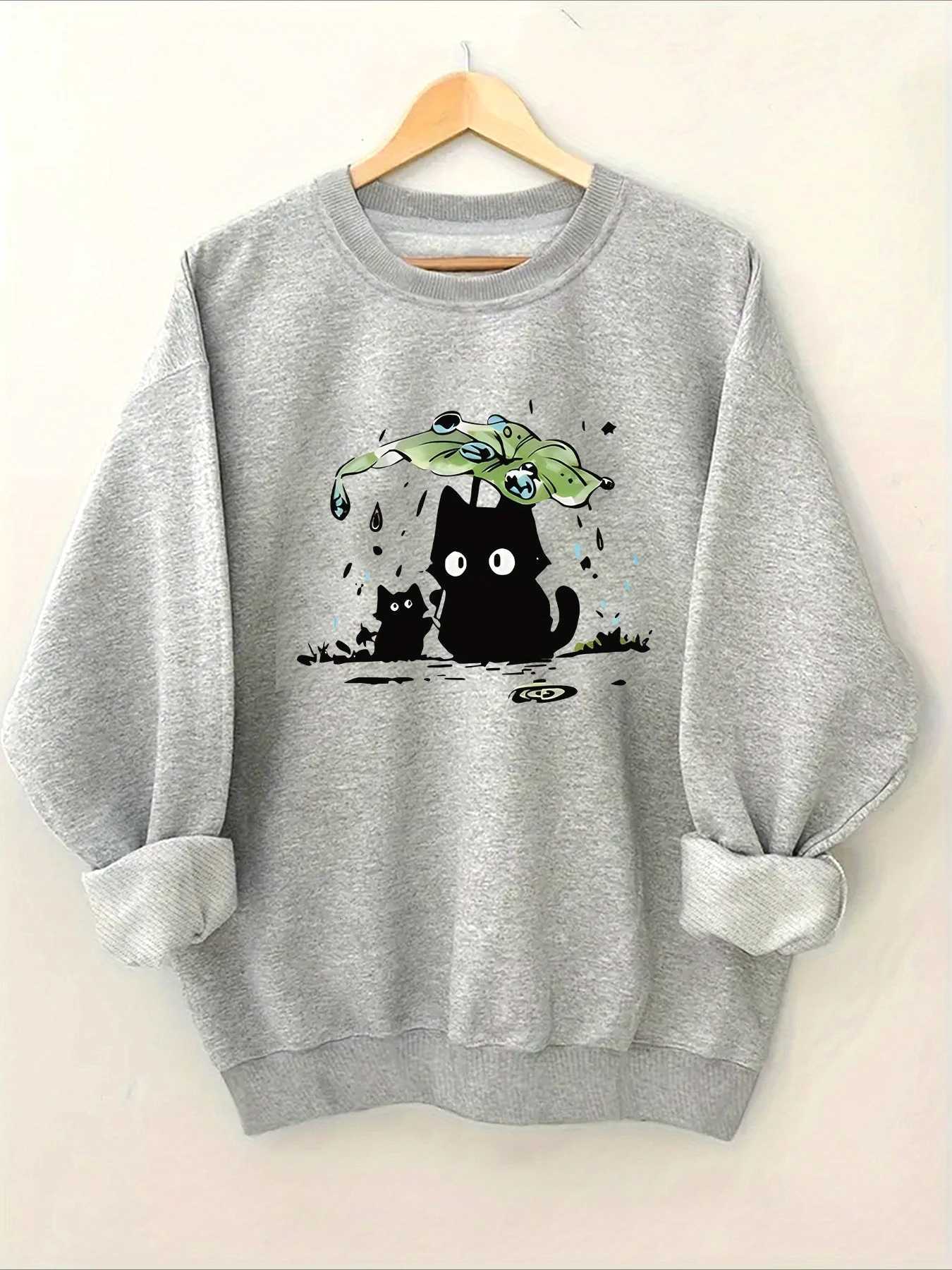 Two Cats with Lotus Leaves To Block Rain Print Women Hoodie for Autumn and Winter 2025 Round Neck Long Sleeved Womens ClothingZ250918