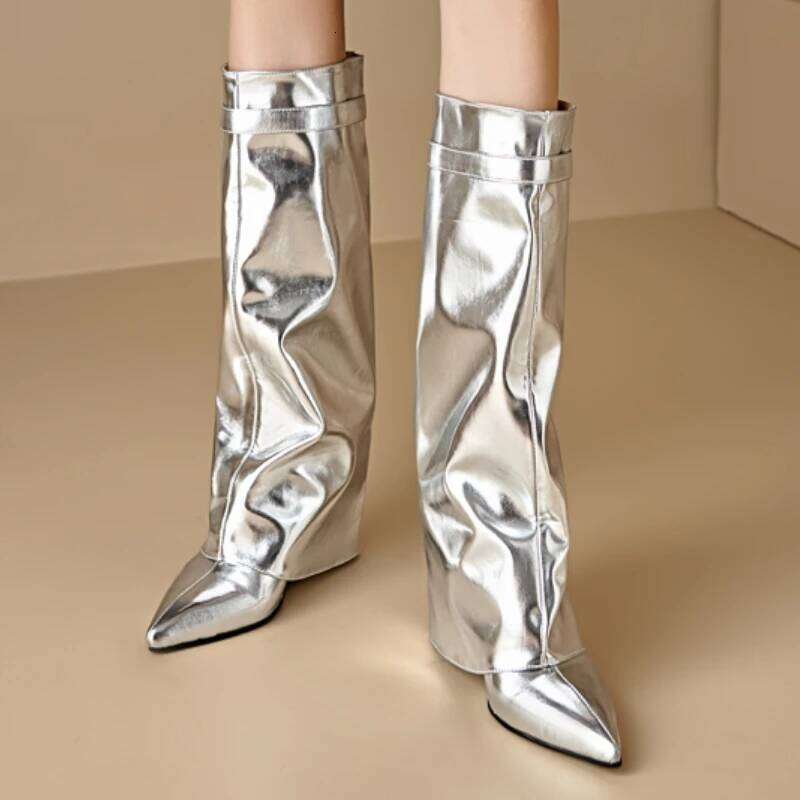 Sexy Wedge Knee High Boots for Women Turned-over Sier Gold Long Boot Heels Party Shoes Lady Big Size 48 Footwear