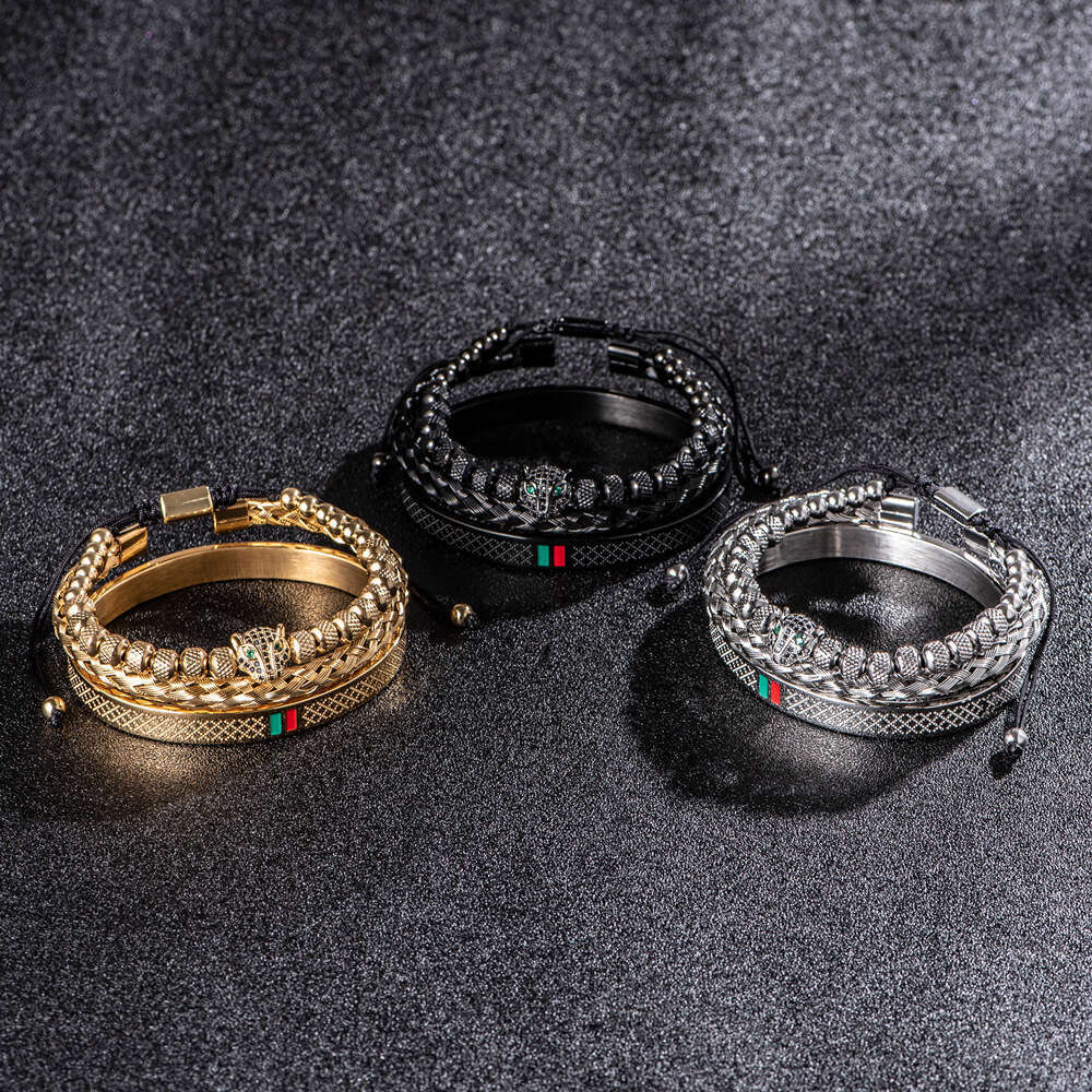 Micro Inlaid Leopard Head Bracelet Set Stainless Steel Red Green Striped Bangle