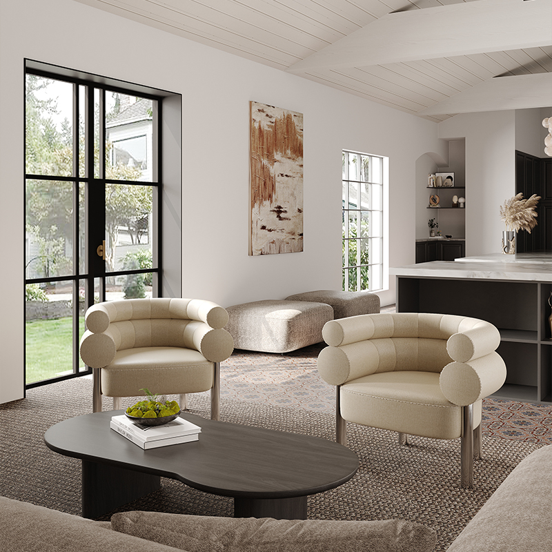 Living Room Furniture Modern Curved Sugar - inspired Lounge Chair with Brown Fabric Upholstery and Metal Legs