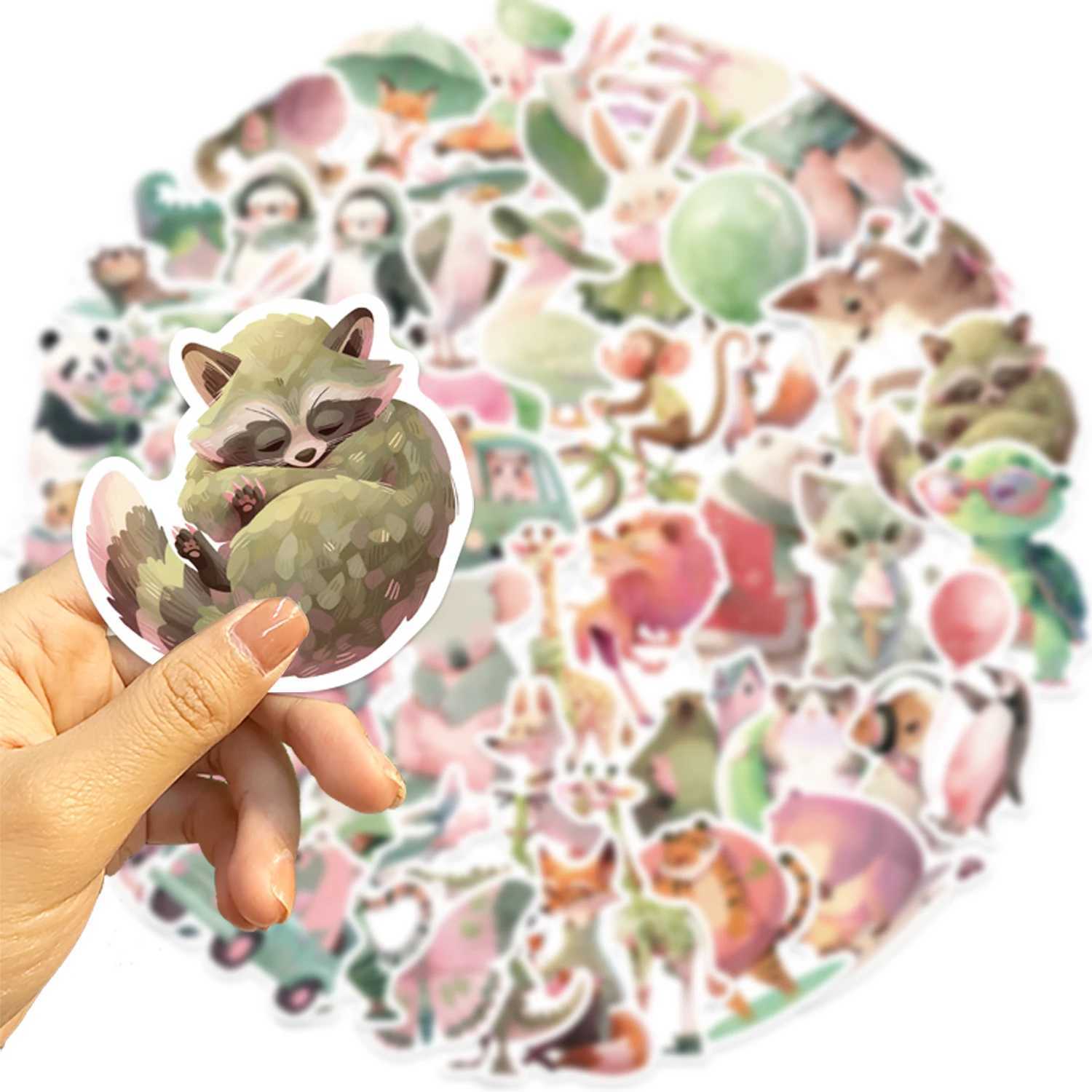 50Pcs Cute Pink Green Animals Stickers Cartoon Watercolor Animal Decals DIY Phone Laptop Luggage Skateboard Sticker Fun for Kids C250918