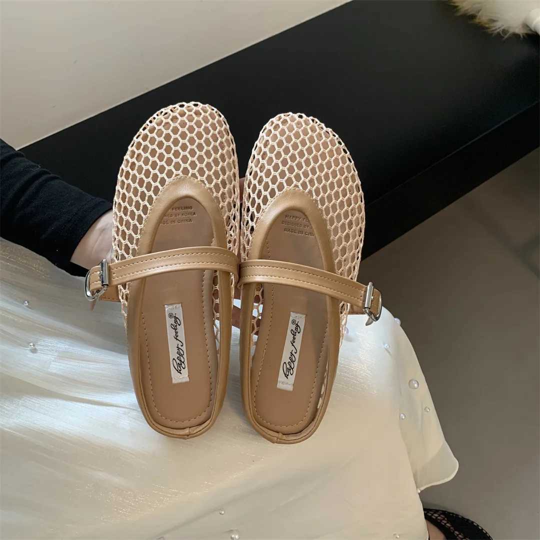 Women Knitted Air Mesh Flats Shoes Spring Summer Belt Buckle Ballerinas Ladies Fishnet Loafers Slip On Hollow Out Mary Janes W250918