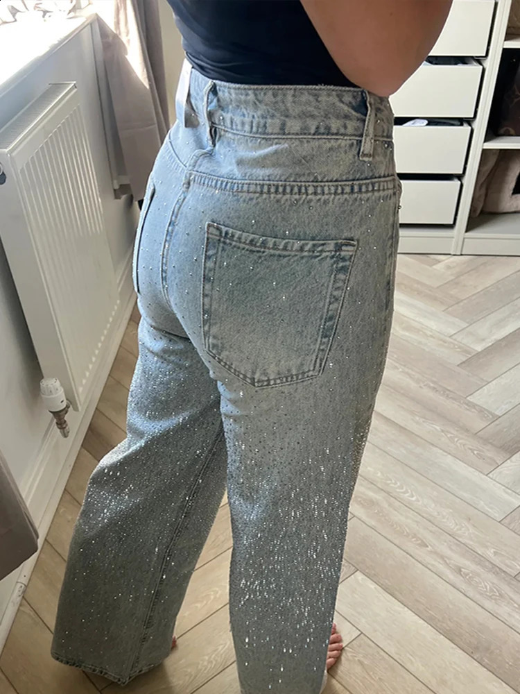 Womens Sparkling Denim Jeans Pant With Rhinestones High Waist Straight Leg Pants Trendy Streetwear Casual Daily Trousers Z260313