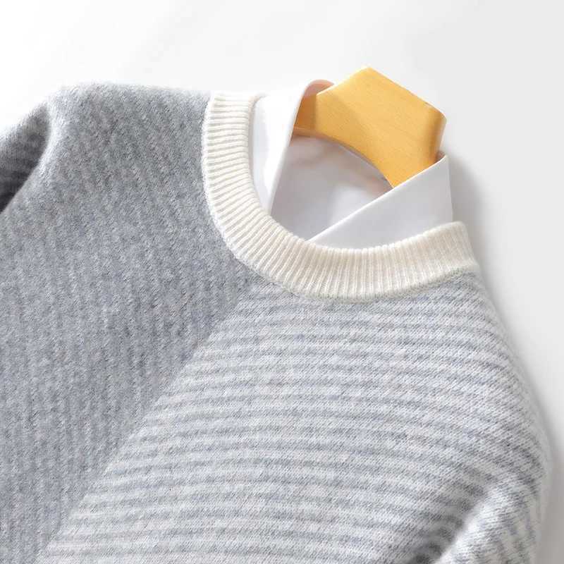Mens 100 Merino Wool Fashion ONeck ColorBlocking Sweater Long Sleeves Pullover Cashmere Casual Comfortable Warm Clothing TopZ250918