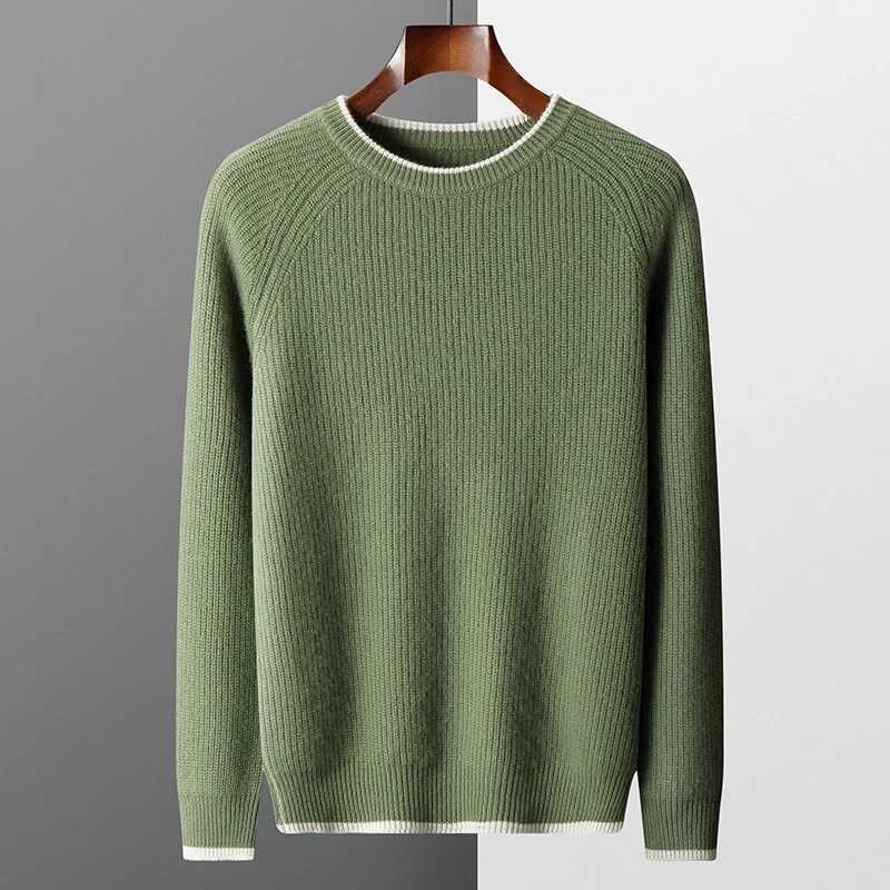 100Merino Wool Knitted Sweater Mens ONeck Loose Ingot Needle Pullovers Fashion Color Matching LongSleeved Tops Thicken ShirtZ250918
