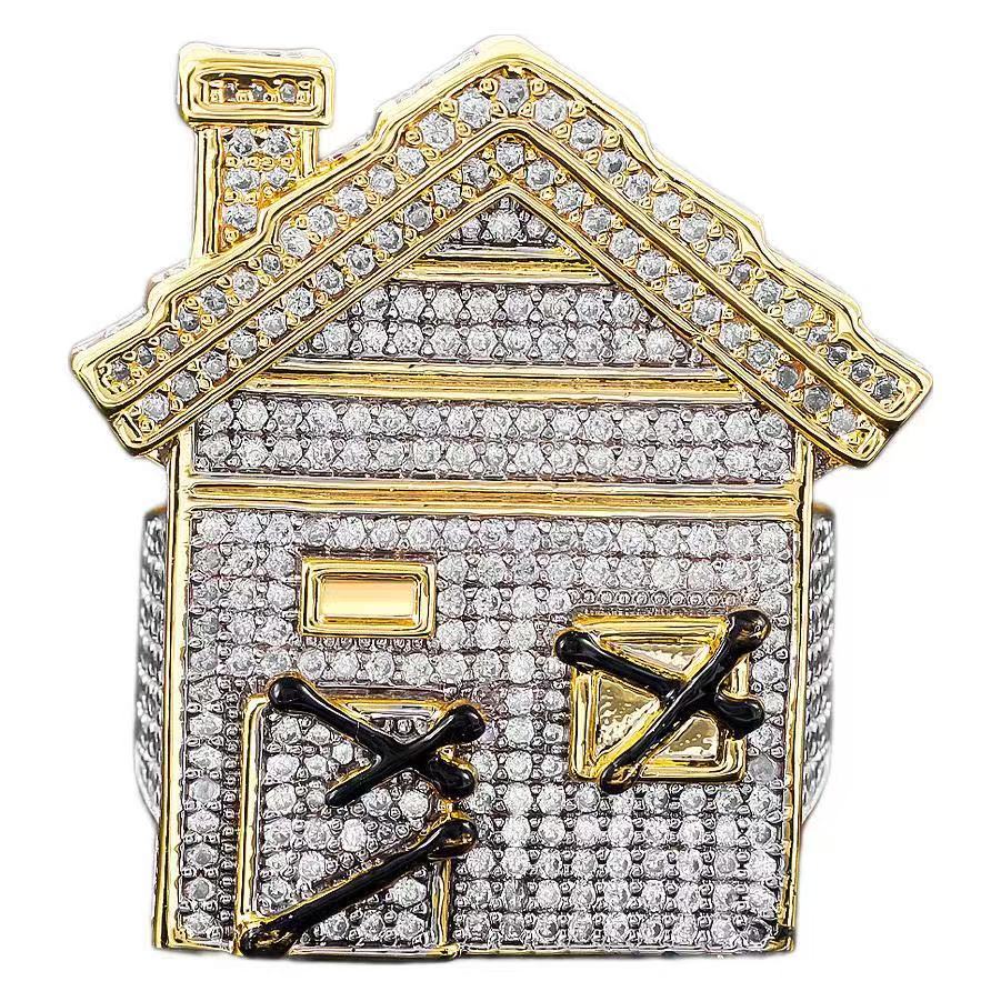 Custom VVS Moissanite Cuban Ring Fine Jewelry S925 Sterling Silver Gold Plated Men Ring Trap House Moissanite Diamond Ring