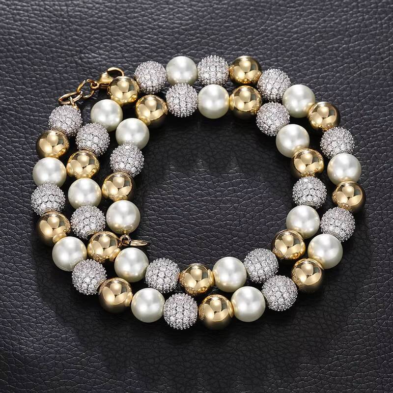 Trendy Hip Hop Iced Out Bead Pearl Necklace 18K Gold Plated Beaded Chain for Men and Women Fashion Jewelry