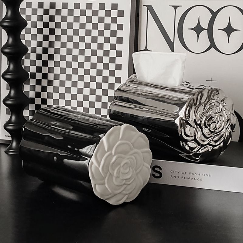 Creative Ins Camellia Ceramic Napkins Tissue Boxes Black Paper Drawer Box For Home Decors Napkin Paper Storage Box Jewelry Plates Decorative Ornaments
