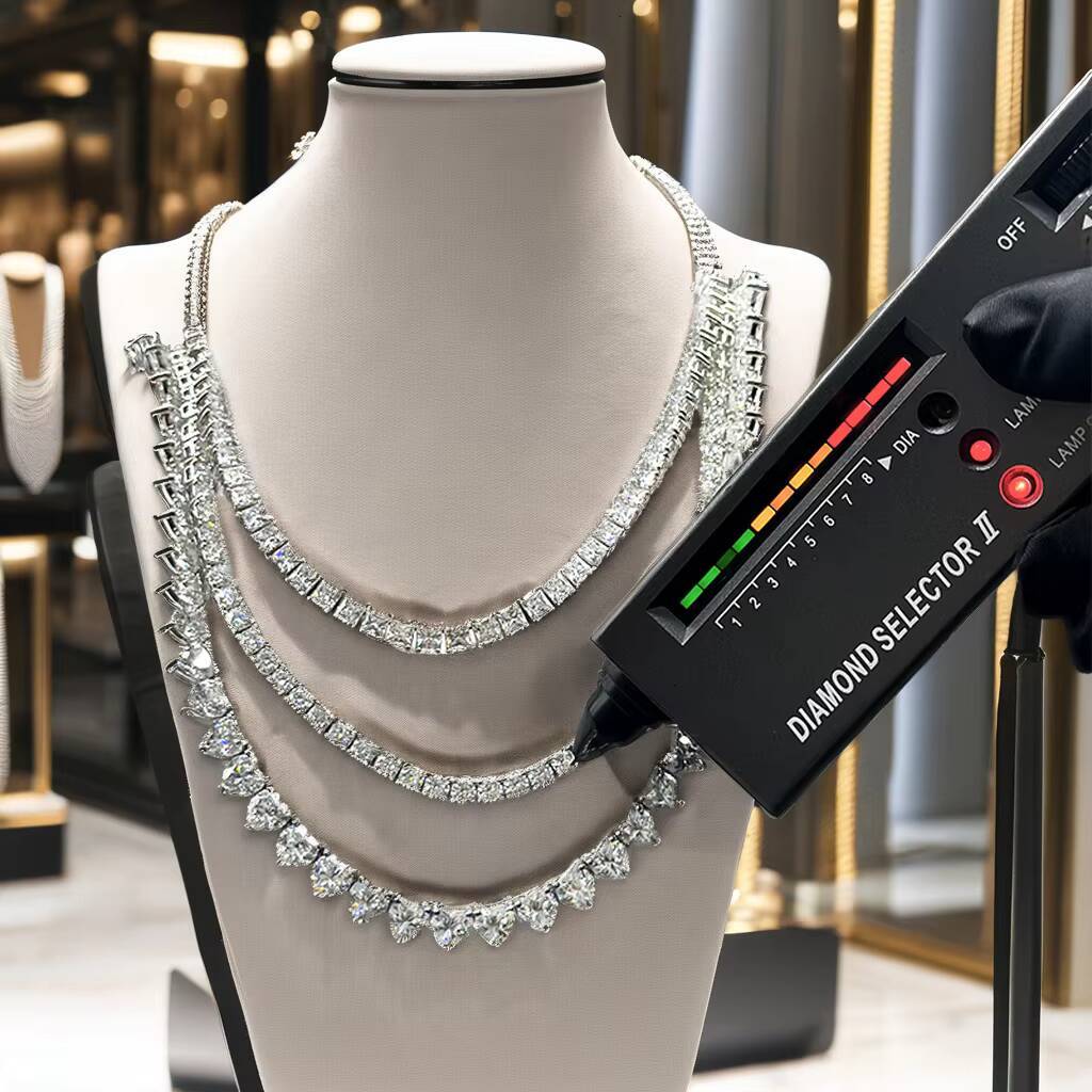 Hiphop Luxury 925 Sterling Silver Tennis Necklace with VVS Moissanite Diamond Baguette Chain 3mm 4mm 5mm Sizes Gold Finish