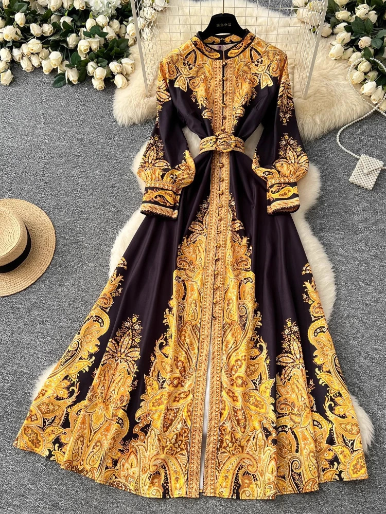 Spring France Elegant Vintage Evening Dress Women Print Sashes Button Long Party Dress Female Festival Clothing 250917