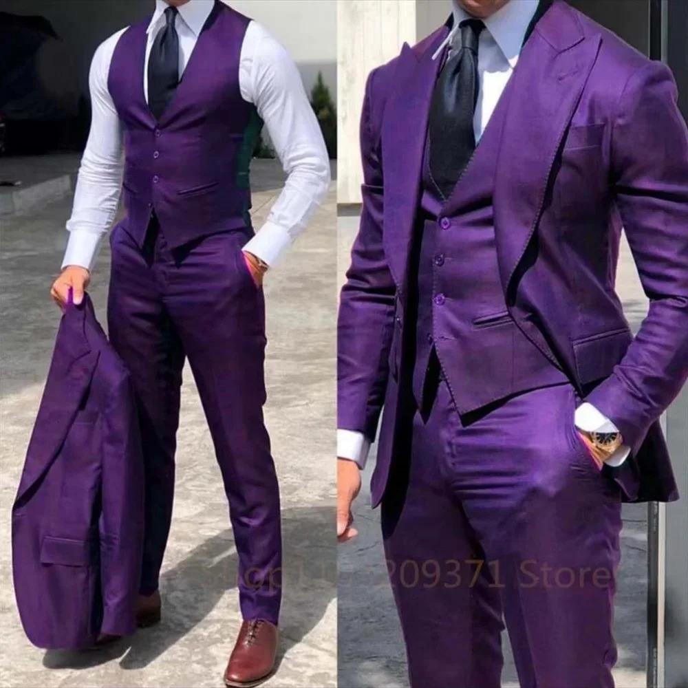 Purple Suit Men Business Tuxedos Formal 3 Pieces Set Jacket Vest Pants Single Breasted Groom Groomsman Prom Wedding Party 250917