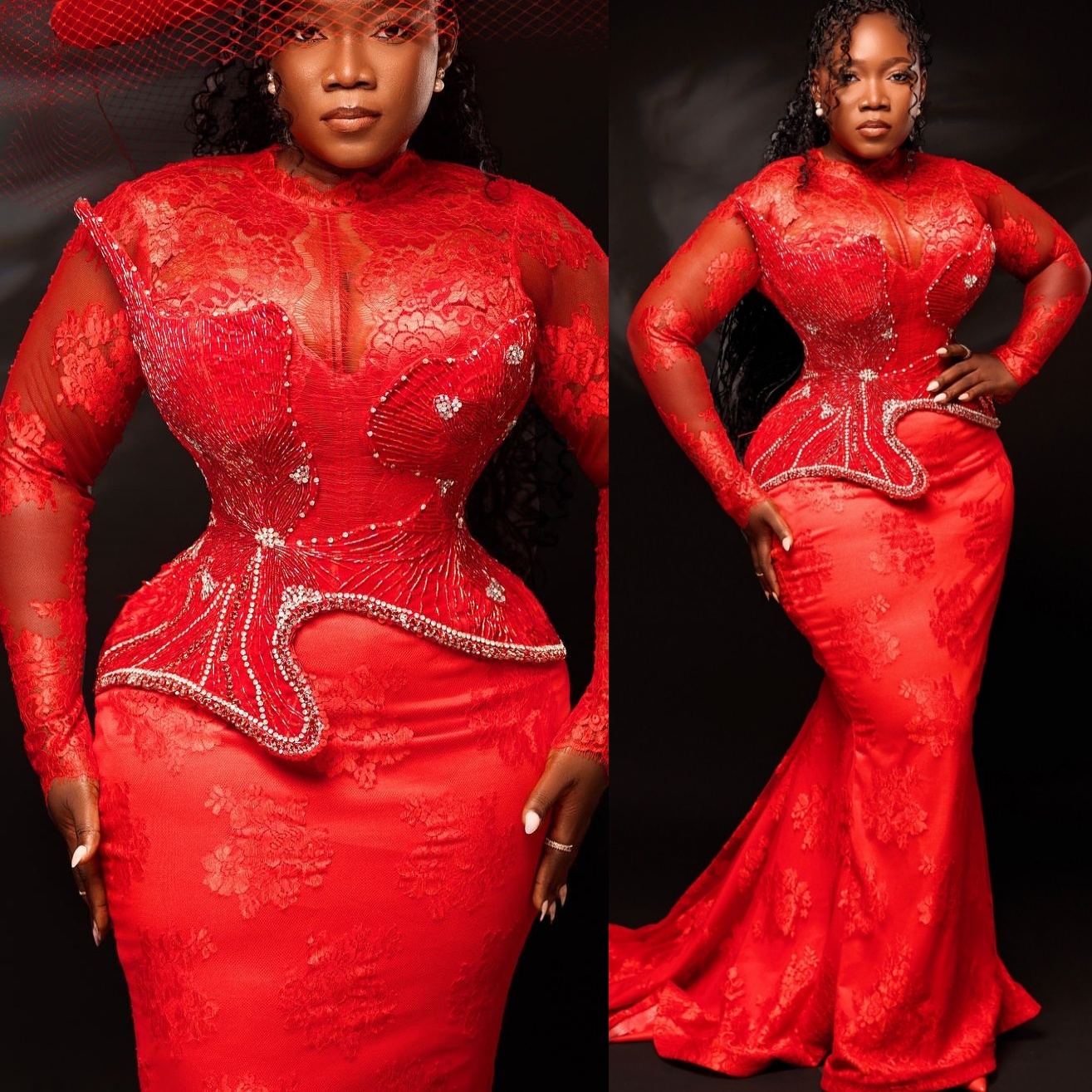 Red Mermaid Prom Dresses 2025 Lace Beaded Crystals Full Sleeves Vintage Evening Formal Party Second Birthday Engagement Gowns Plus Size Dress For Spec