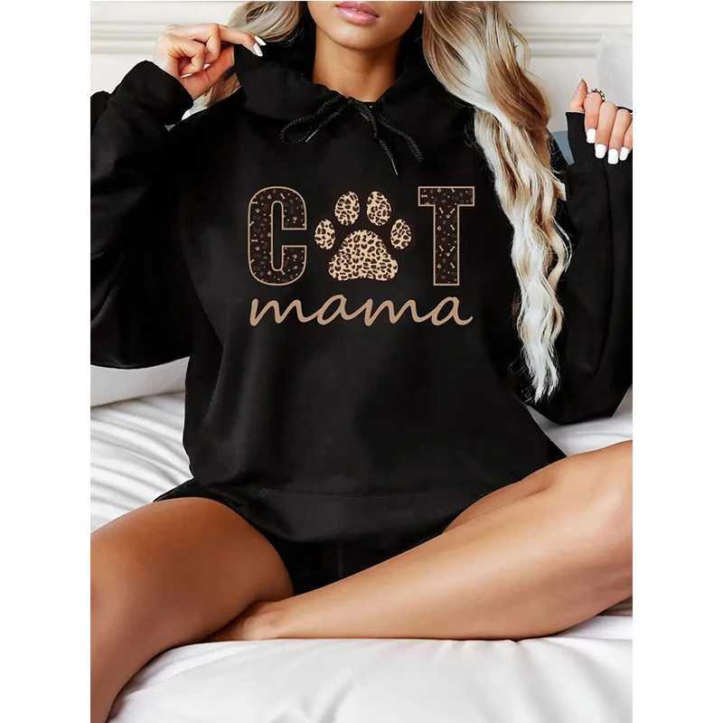 Casual Cat Paw Print Letter Geometric Pattern Hoodies Long Sleeve Drawstring Pullovers Women Graphic Kangaroo Pocket SweatshirtsZ250918