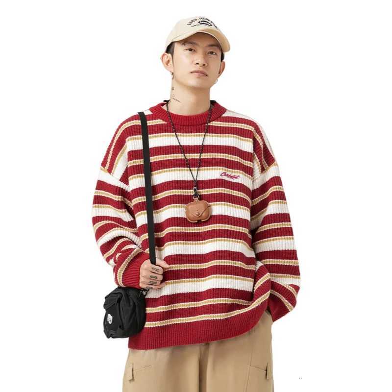 Autumn Winter Sweater Men Retro Contrasting Striped Knitwear Embroidery Loose Round Neck Long Sleeve Knitted Sweater JacketZ250918