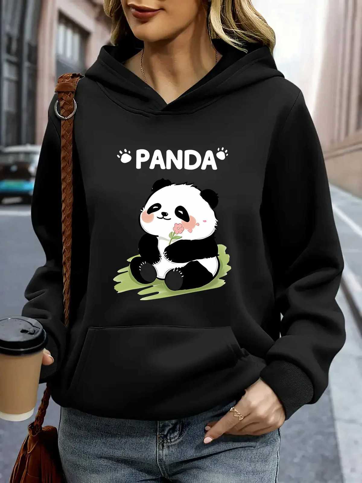 Cartoon Panda Print 2025 AutumnWinter Womens Cute Hoodie Round Neck Long Sleeve Casual Womens Sweatshirt ClothingZ250918