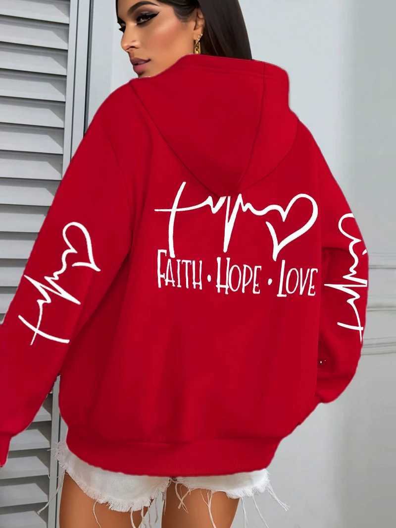 Faith Hope Love Letter Graphic Printed Women Hoodies Fleece Harajuku Hoody Casual Loose Y2K Clothes Pocket Autumn PulloverZ250918