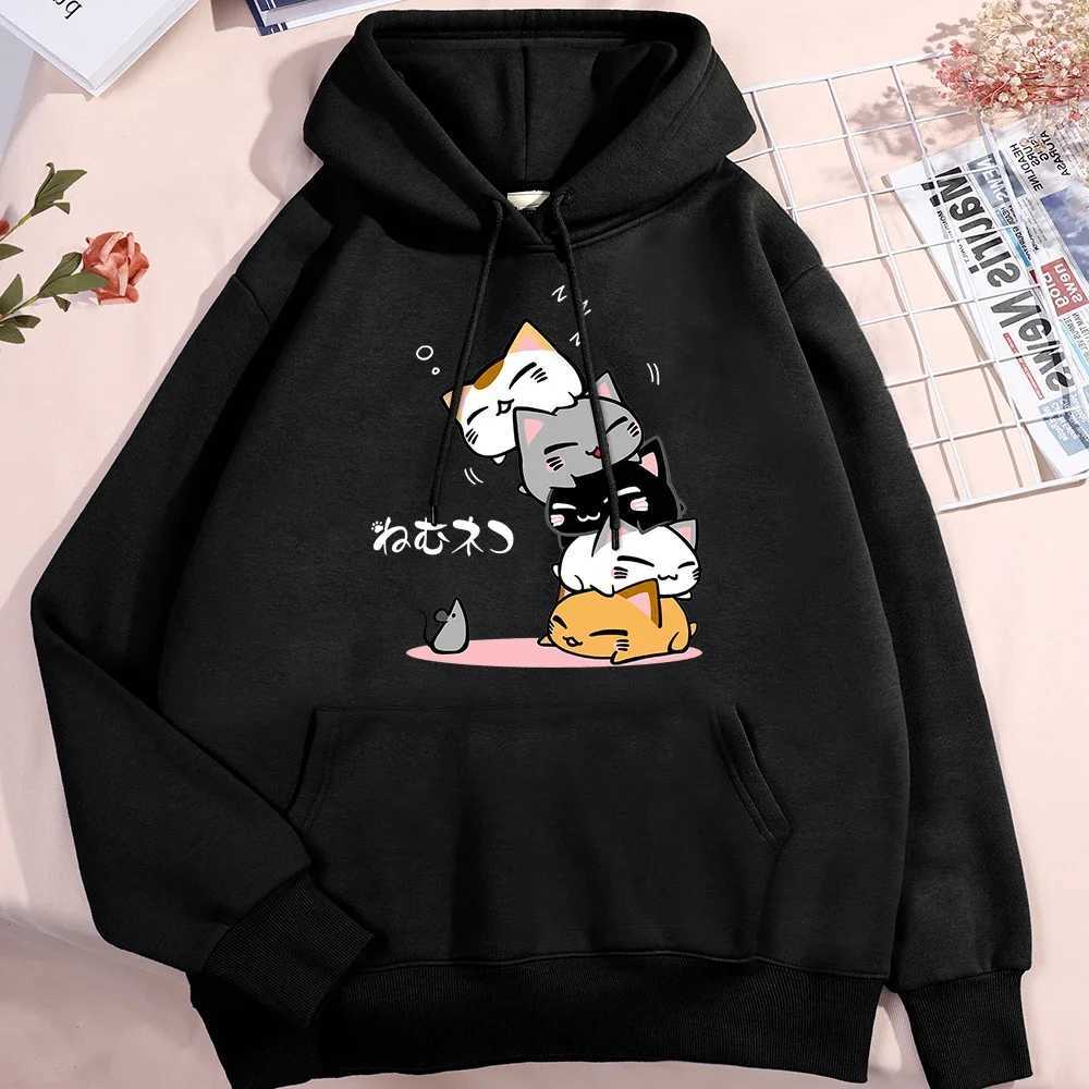 Cute Layered Cat Cant See The When SLeeping Hoodie Womens Fashion Round Neck Clothing Cute Hoodie Street SweatshirtZ250918