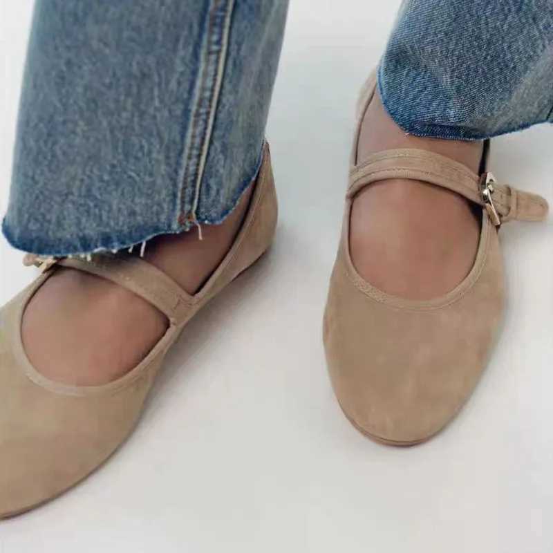 Luxury Brand Suede Ballet Flats for Women Fashion Shallow Belt Buckle Flat Mary Jane Shoes Comfort Round Toe Soft Sole Loafers W250918