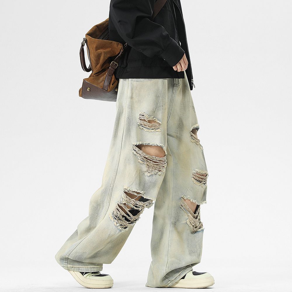 Men's Jeans Autumn and Winter New Arrival - Sickle - cut Dirty Streetwear Trousers with Burn and Ripped Details