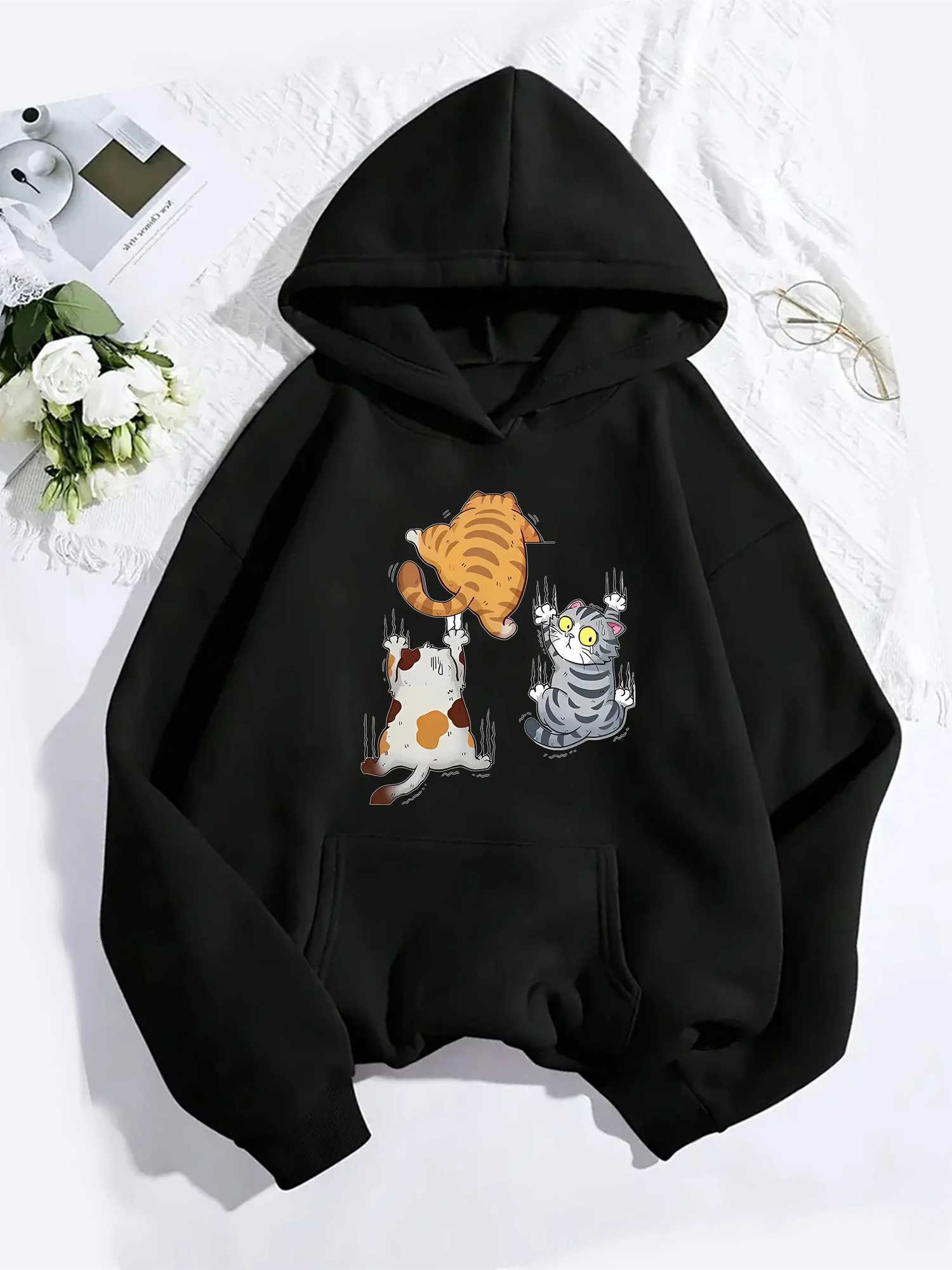 2025 Womens Cute Cartoon Cat Print Hoodie Casual Sporty Pullover Sweatshirt Autumn Winter Warm Pullovers Casual HoodieZ250918