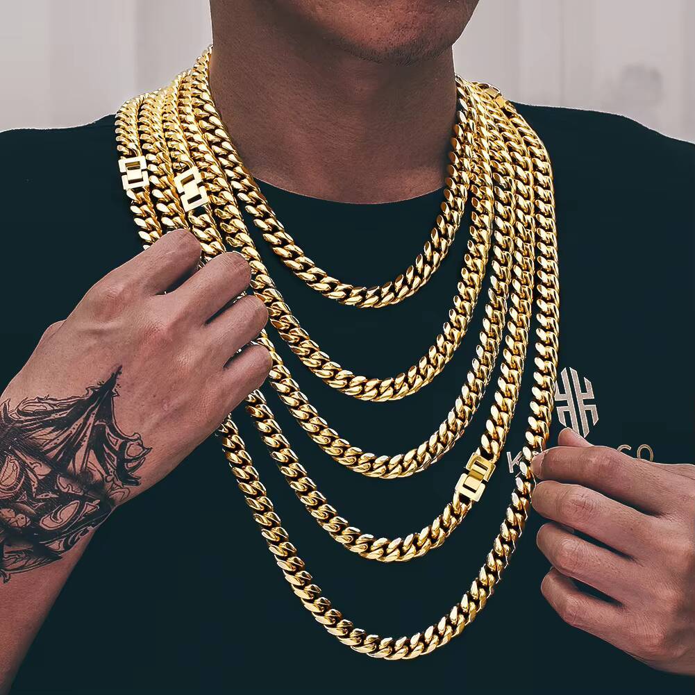 KRKC Wholesale Hip Hop Jewelry 14k 18k Gold Plated Curb Necklace Gold Filled Miami Stainless Steel Cuban Link Chain for Men