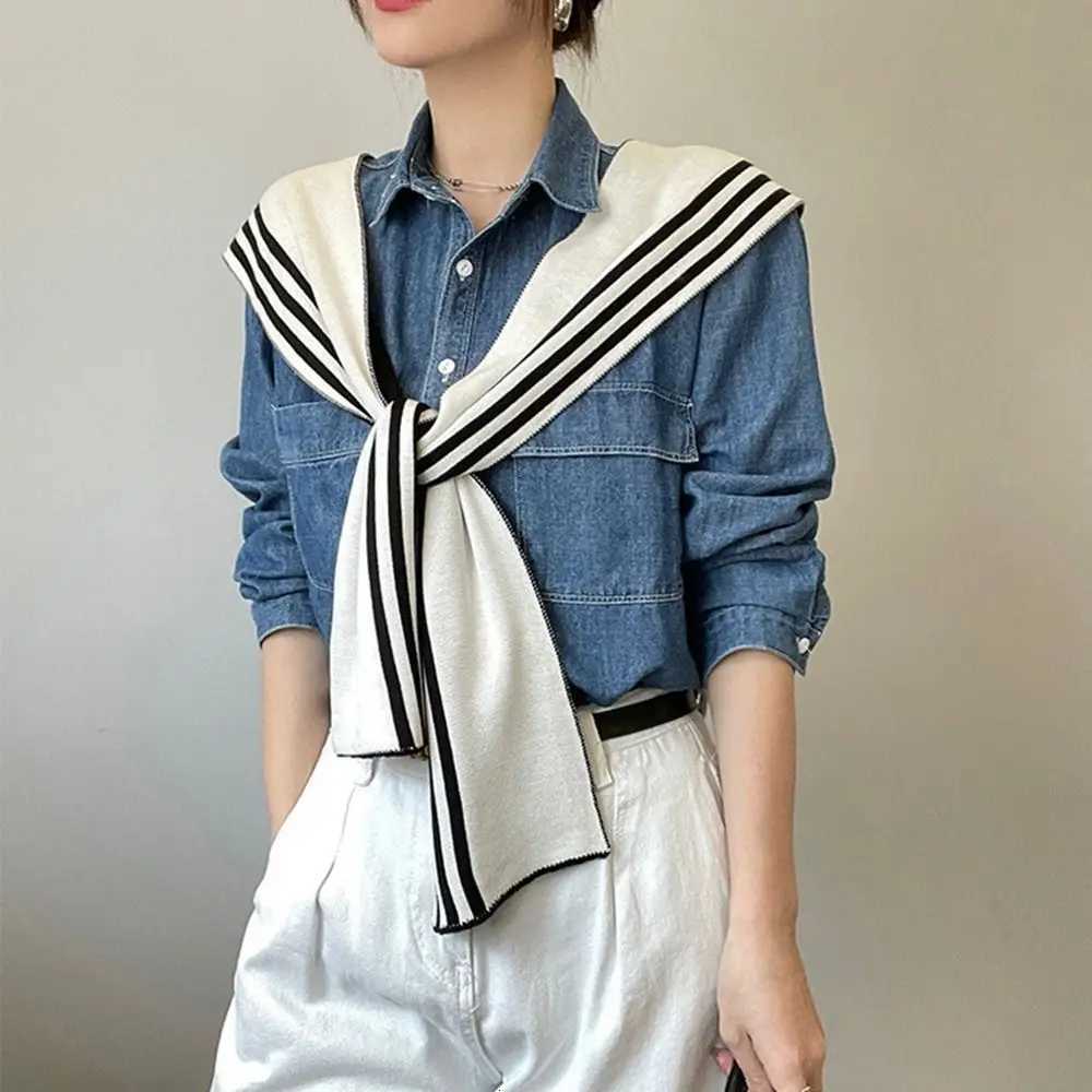 Simple Blouse Shoders Fake Collar Knitted Shl Sunscreen Ce Black White Stripe Scarf Korean Style Cloak Wool Scarves Wen Y250918