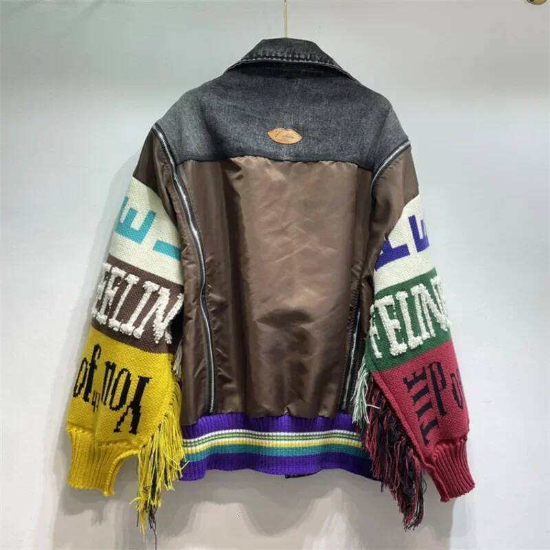 Women Letters Badges Embroidery Denim Coat Woven Spliced Sleeve Sweater Tassels Jeans Jacket Streetwear Cardigan Tops Jackets dongdumaoyi