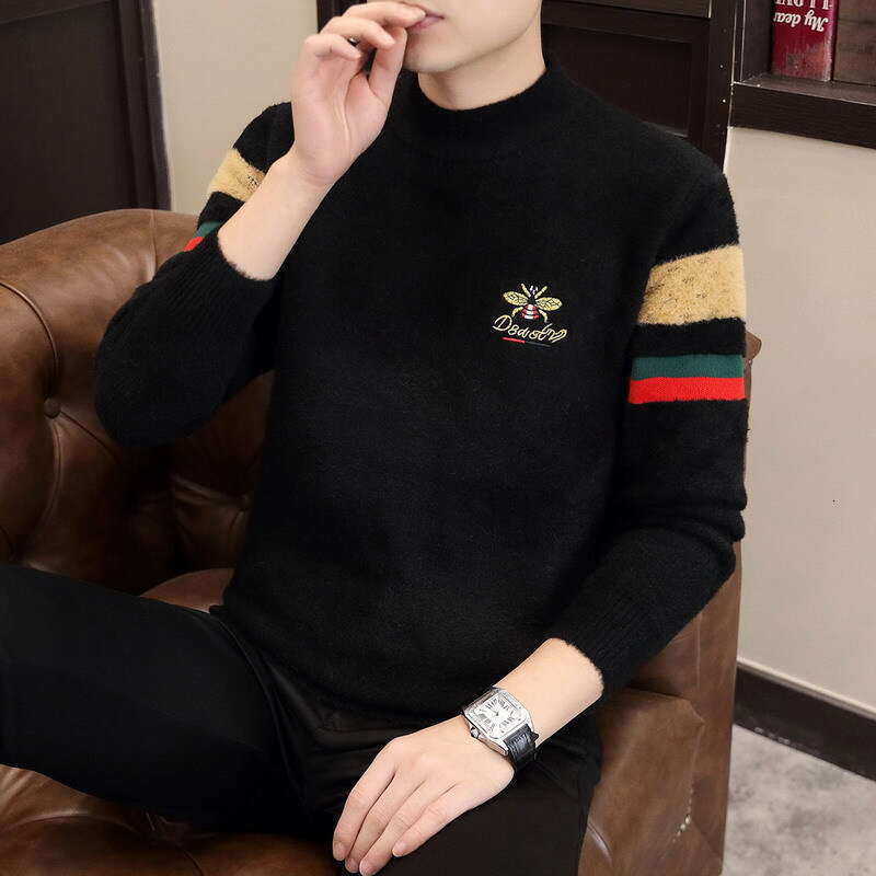 Autumn Winter Round Neck Knitted Base Shirt Men's Trendy Casual Knitted Jacquard Pullovers Sweaters Thickened Warm Knitwear Tops