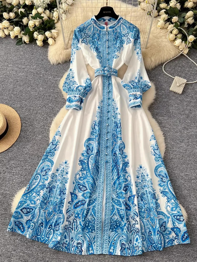 Spring France Elegant Vintage Evening Dress Women Print Sashes Button Long Party Dress Female Festival Clothing 250917