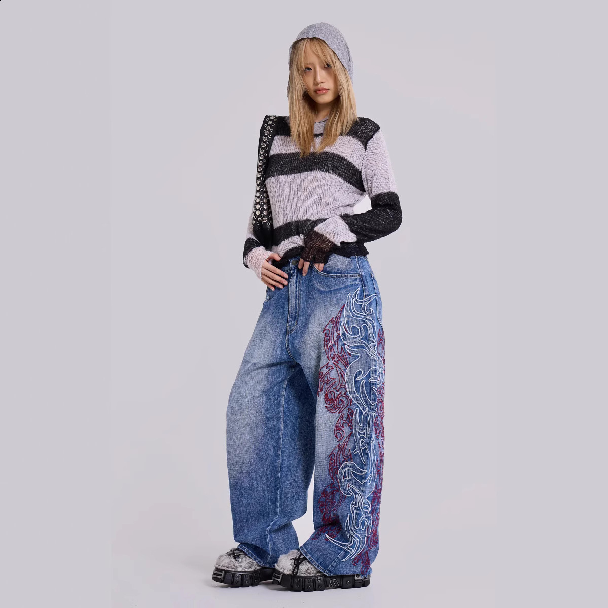 Y2K Embroidery Design Sense Jeans Washed Street Style Hot women and man Wide Leg Pants Loose Long Pants Trendy