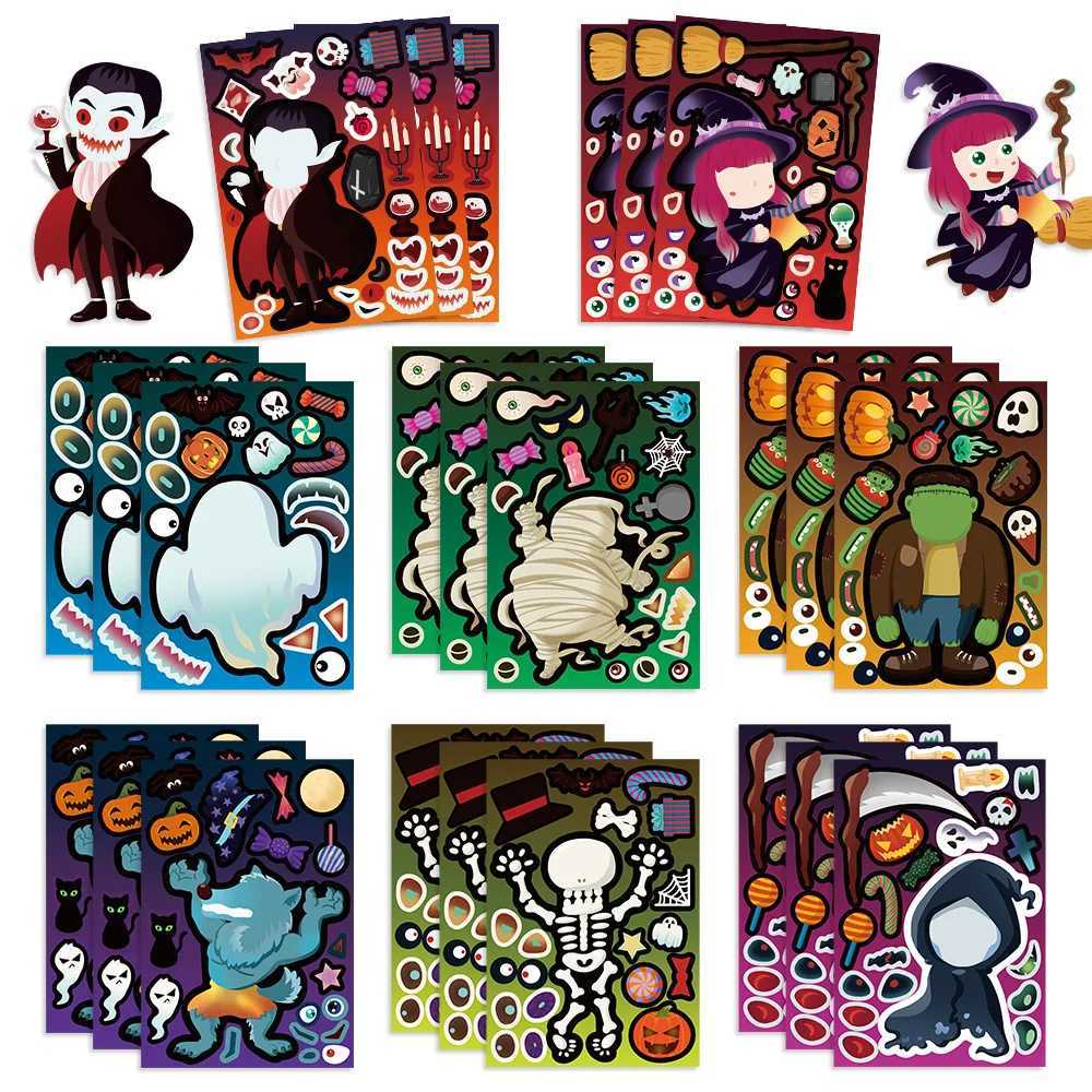 8Sheets Cartoon Halloween Party Puzzle Stickers MakeAFace DIY Assembly Childrens Puzzle Account Material Waterproof Stickers C250918