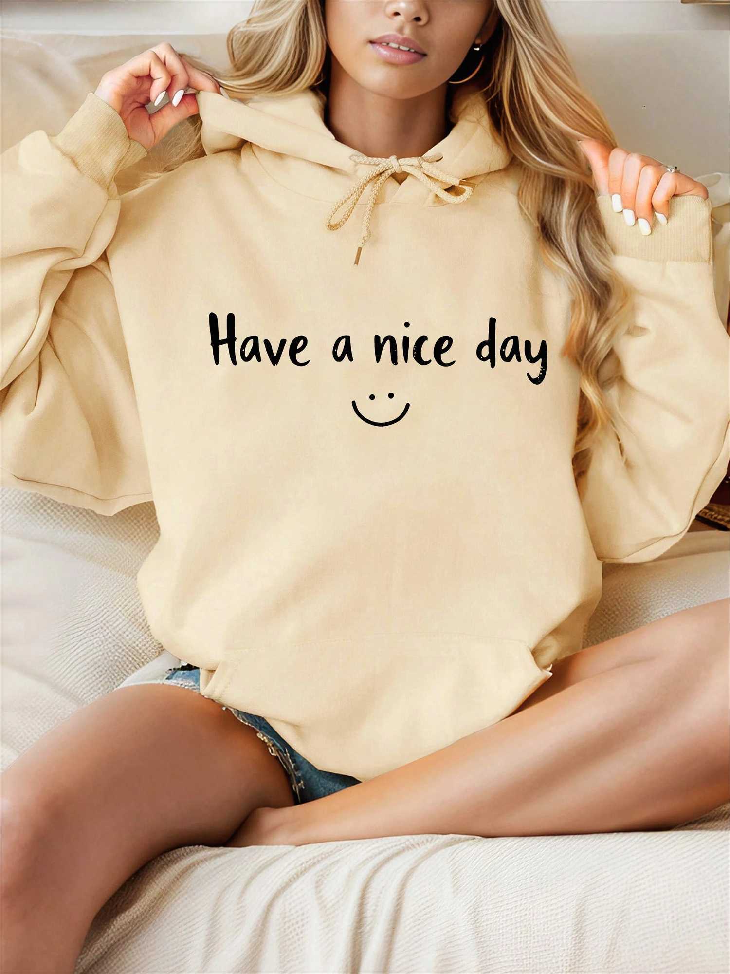 Womens Hoodie Has A Nice Day and A Smile Print 2025 New Autumn and Winter Top Hooded Long Sleeved Womens Casual ClothingZ250918