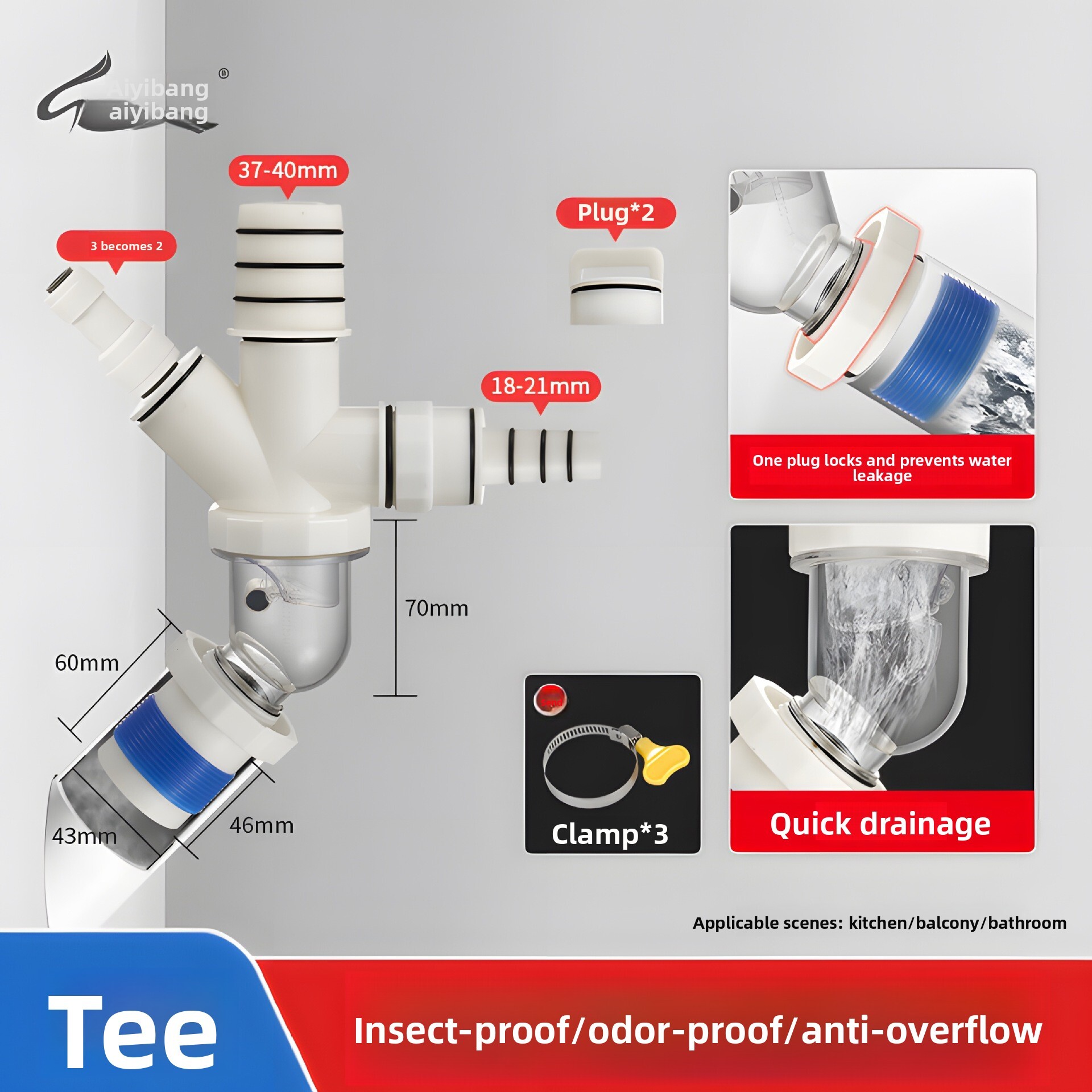 45 Degree Wall Three-Way Connector Special Anti-Odor Artifact Kitchen Drain Pipe Seal Plug