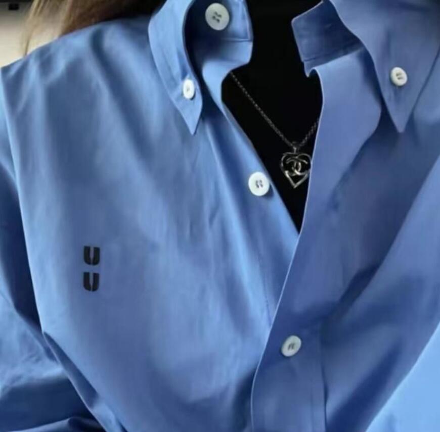 Designer Women's Blouses & Shirts Spring Women Retro Casual Embroidered Long-Sleeved Button Ladies Elegent Blouse Tops blue white