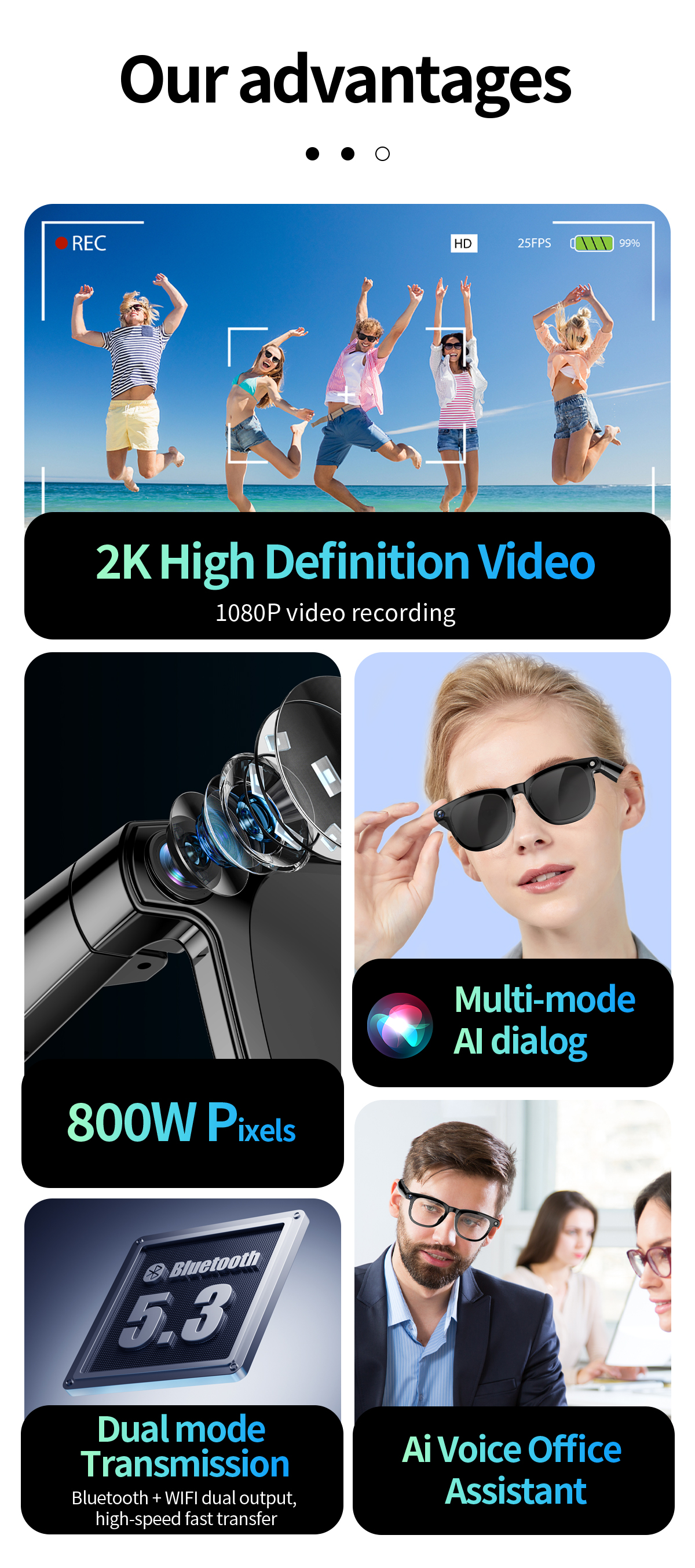 AI Smart Glasses with 8MP Camera, 1080P HD Video & Photo Recording, Real-Time Translation, Anti-Blue Light Lenses, for Men Women Ideal for Outdoor Spo