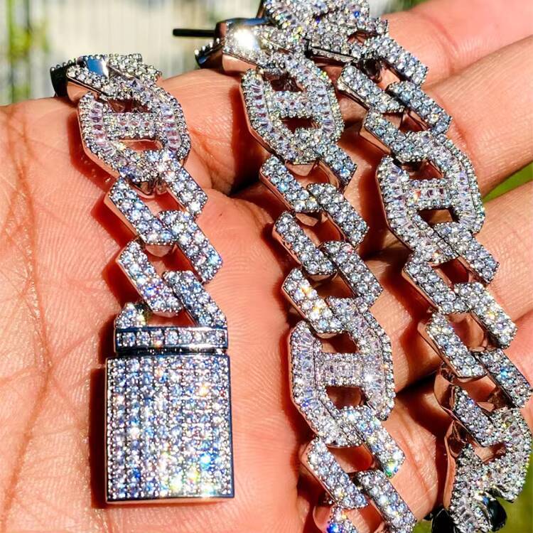 Miami Hiphop 14mm Cuban Chain Bracelet Necklace for Men Moissanite Brass Moissanite Iced Prong Rhombus Cuban Link Gift