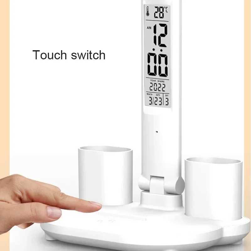 LED Desk Lamp USB Dimmable Touch Foldable Table Lamp with Calendar Temperature Clock Night Light for Study Reading Lamp C2509181