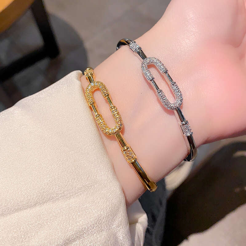 Minimalist Full Zircon Copper Gold-Plated Bracelet Geometric Paperclip Heart Personalized Non-Fading Bangle ddmypluto