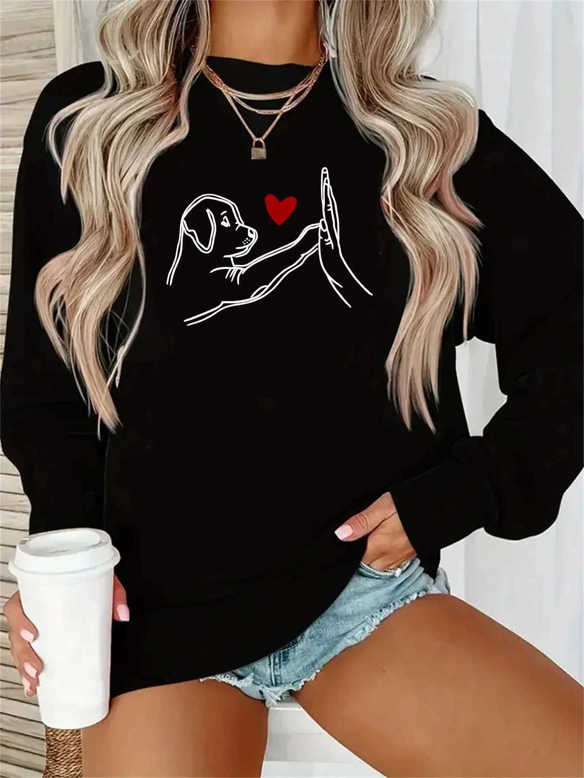 Womens Casual Heart Print Pullover Sweatshirt Geometric Design Long Sleeve Round Neck Machine Washable Regular Fit for AutumZ250918