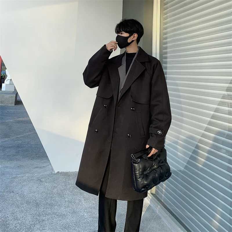Mens Autumn Winter Mid Length Woolen Coat New Korean Tide Black Thickned Overcoat Long Sleeve Doublebreasted Jackets Z250918