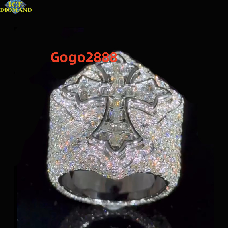 Hip Hop Moissanite Ring Mens Full Ice Ring Rectangular Cross 925 Sterling Silver Custom VVS Moissanite Ring