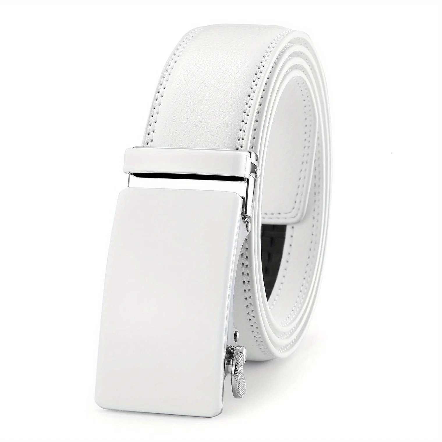 White Leather Mens Belt Ratchet Dress with Automatic Buckle Trim To Fit35mm Wide 250917