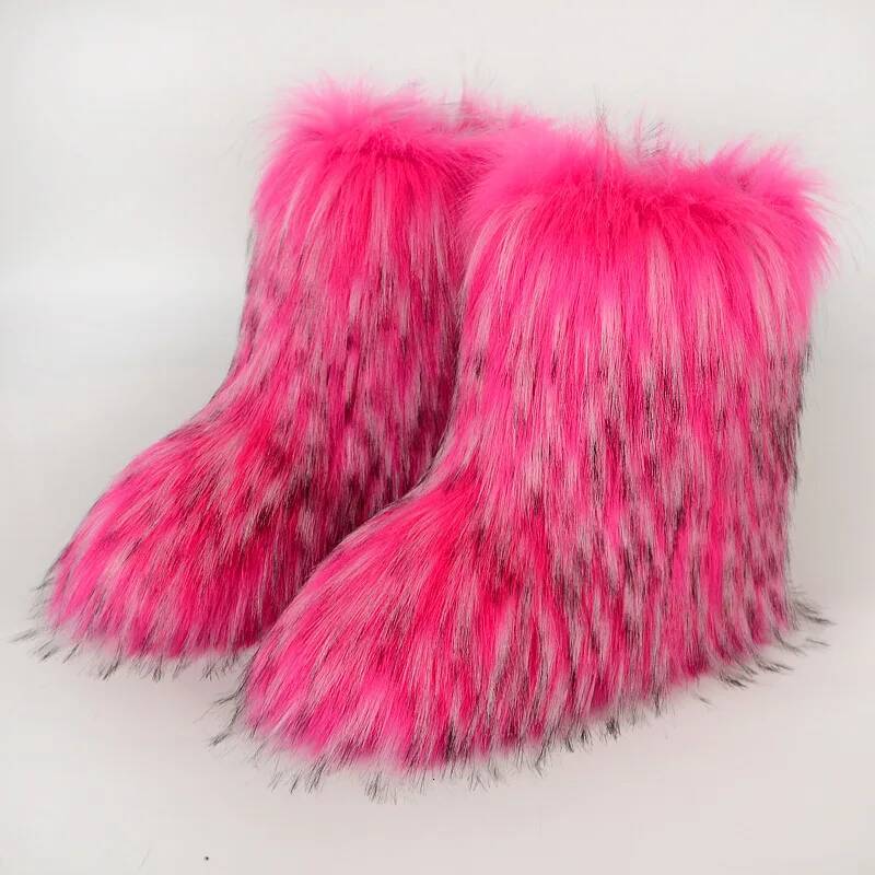 Women Faux Fur Winter Fluffy Plush Warm Mid Calf Snow Fashion Furry Boots Comfortable Outdoor Flat Shoes ddmypanda